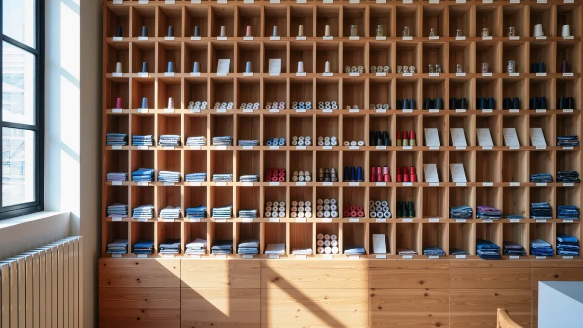 Wall of labeled wooden cubbies holding sorted product samples and cards