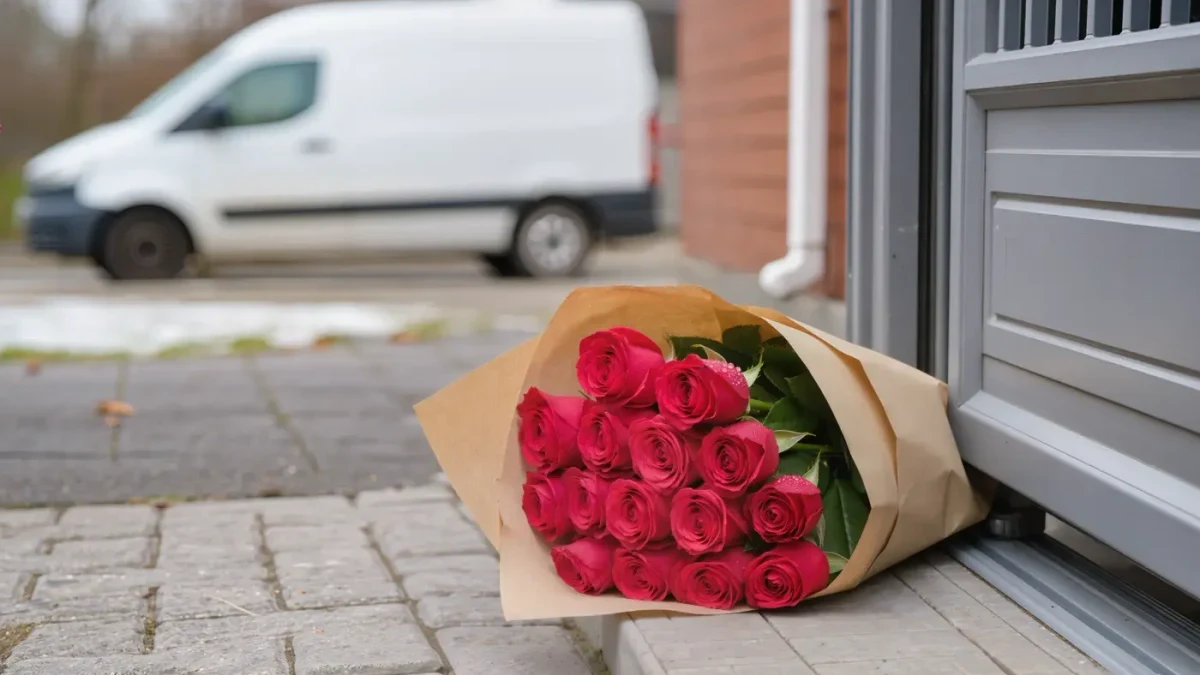 Close-up of a dozen red roses wrapped in kraft paper on a doorstep