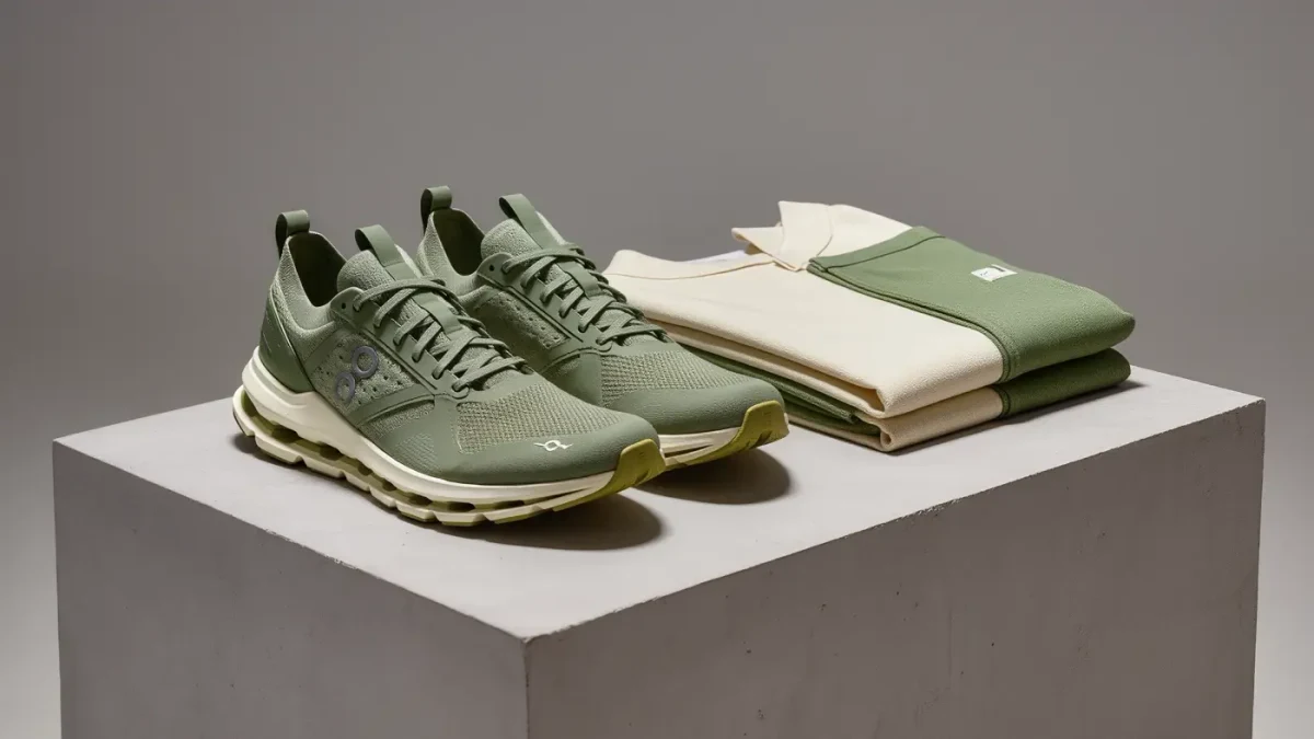 Sneakers displayed with matching apparel on a clean retail table