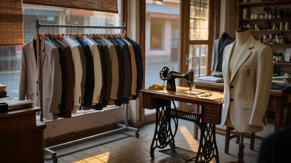 Empty tailoring workshop with garments on hangers and sewing machine