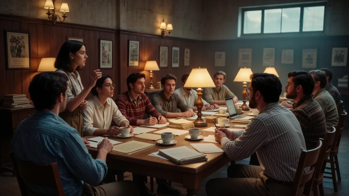 Television writers in a 1970s-style writers' room mid-argument