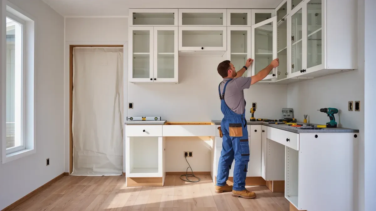 Contractor installing cabinets in mid-renovation kitchen