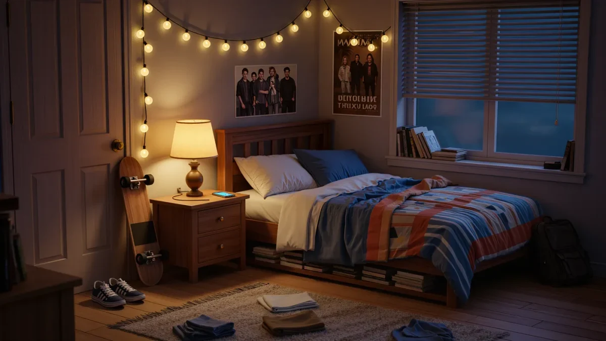 Cozy teen bedroom desk lit by warm evening lamp light