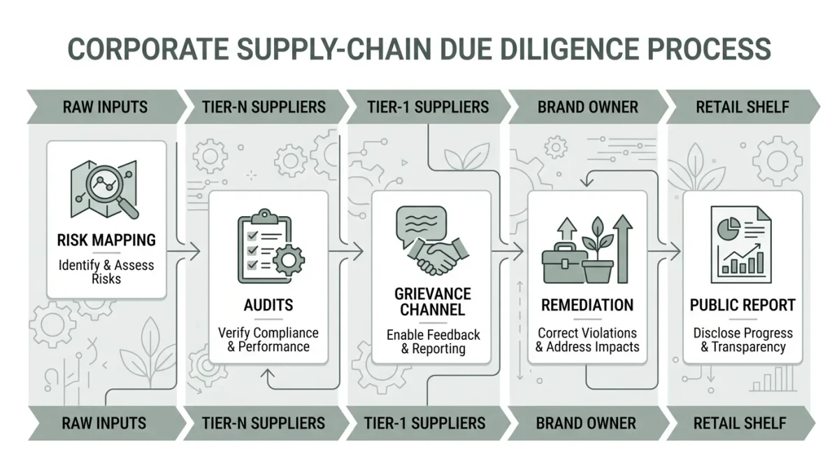 Flow diagram of due-diligence duties from raw inputs to retail shelf