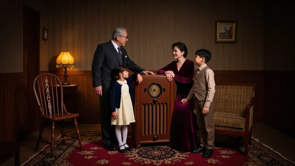 Family gathered around a wooden console radio in a lamplit 1930s living room