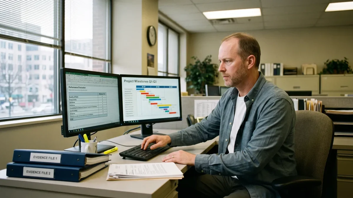 Program reviewer completing a performance evaluation on screen with evidence binders