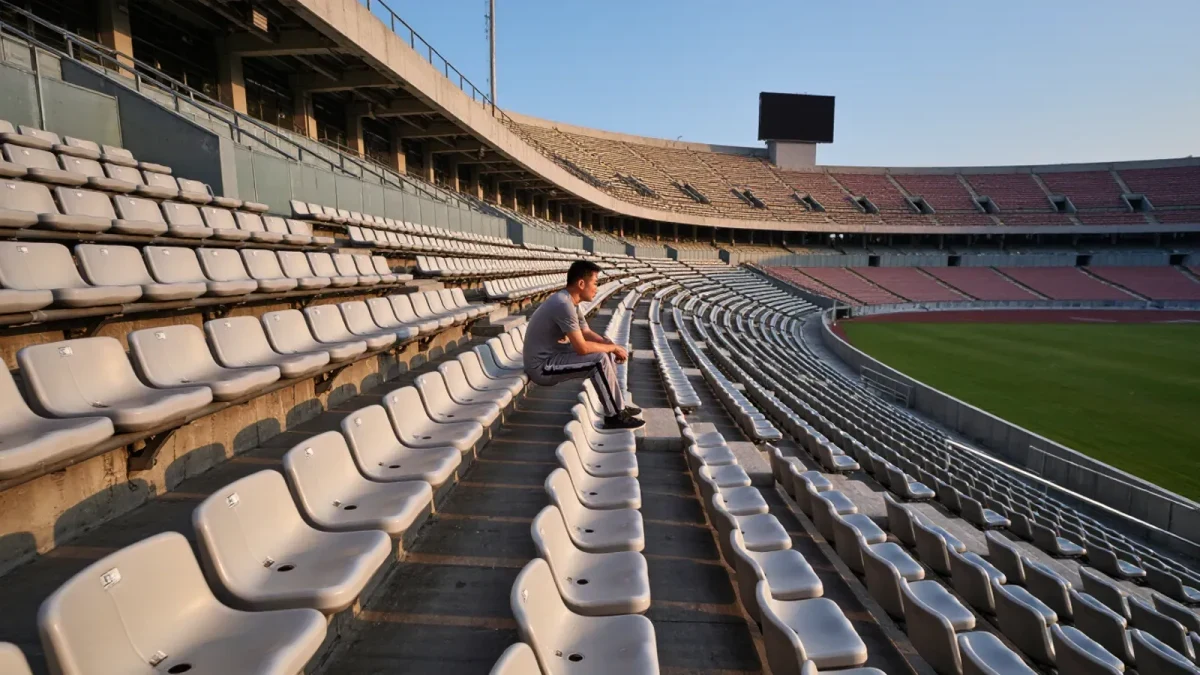 Former athlete sitting alone in empty stadium stands, reflective mood