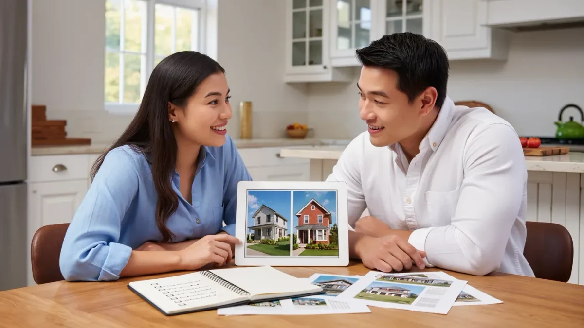 Couple comparing new build and classic home on tablet