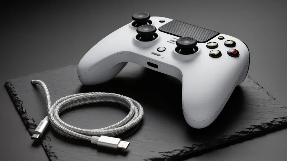Close-up of a white game controller beside a USB cable on a desk