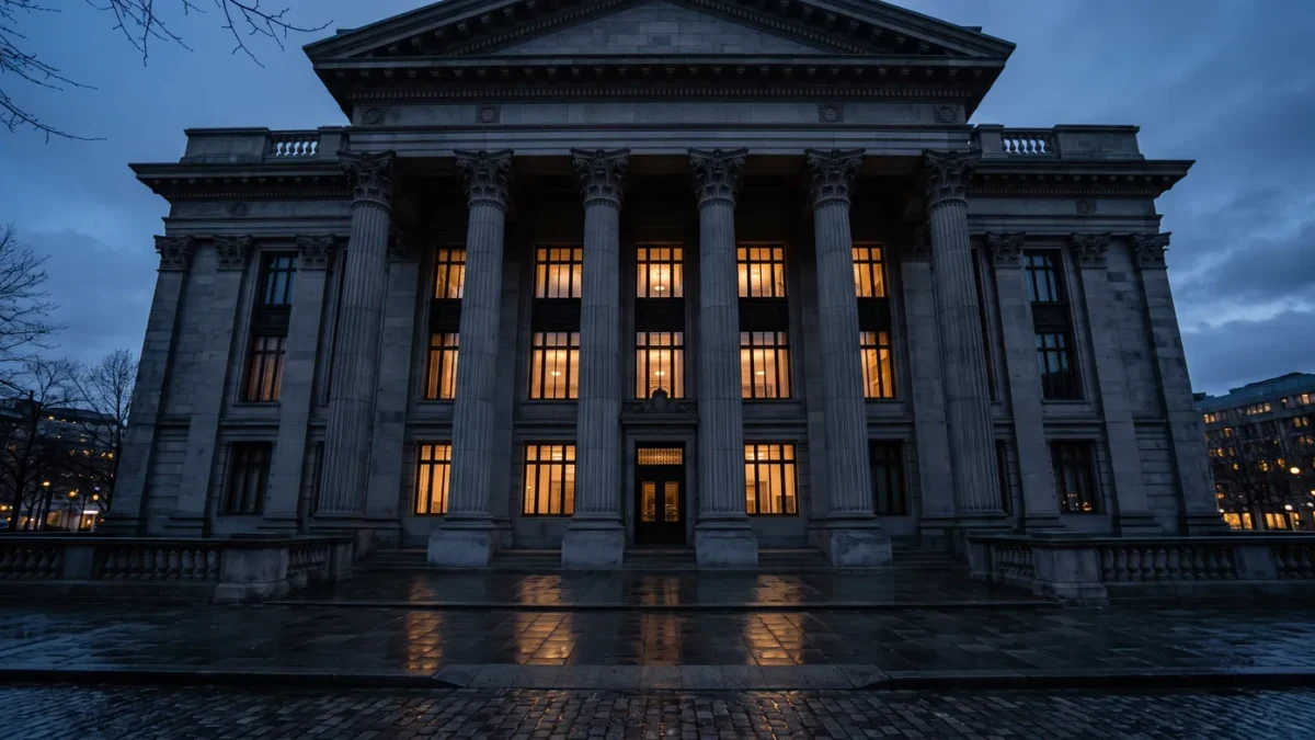 Eccles-style neoclassical building facade in evening light
