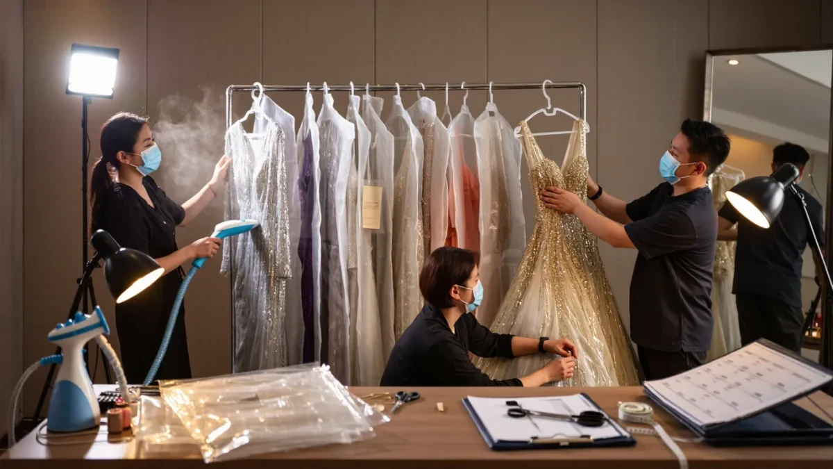 Styling team preparing garments backstage before a photocall