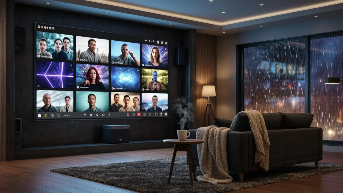 Cozy home theater room with paused screen at episode choice