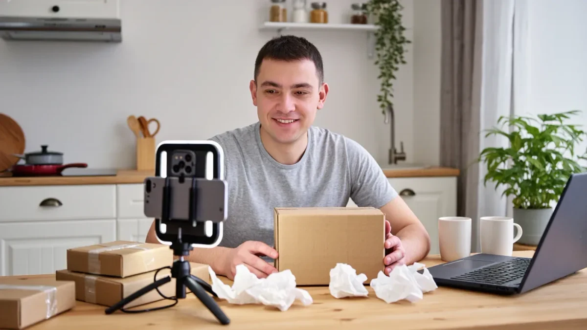 Man filming a product unboxing video with phone and softbox light