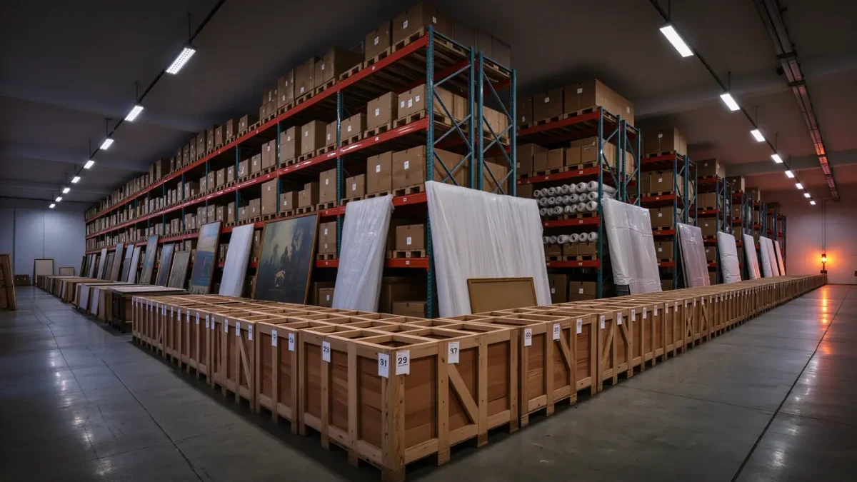 Rows of labeled crates and racked paintings in museum storage