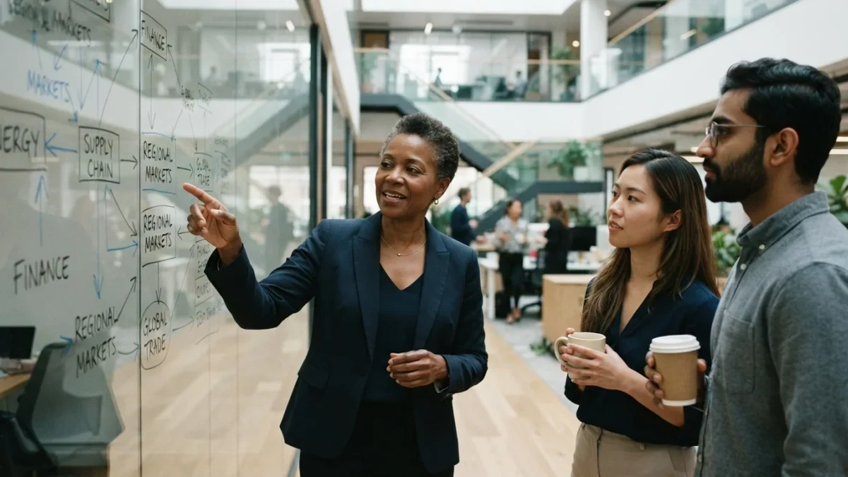 Economist explaining rate paths to colleagues at a wall display