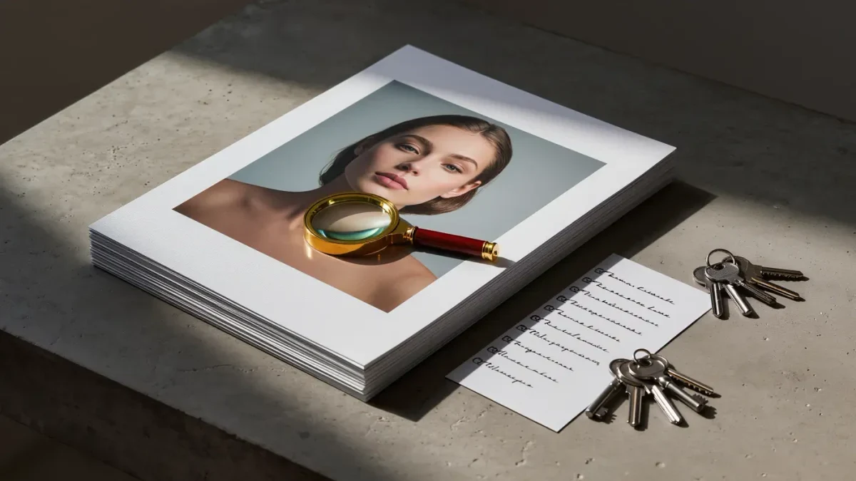 Printed artwork reproductions, magnifier and checklist on a concrete desk