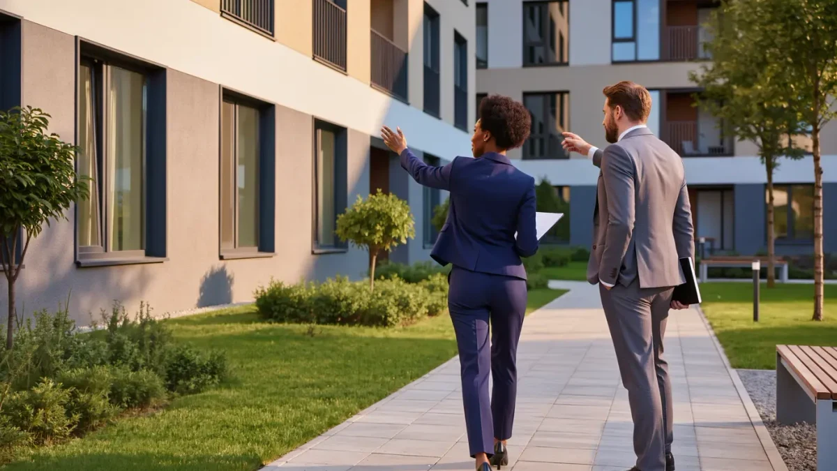 Two commercial brokers inspecting a garden apartment courtyard