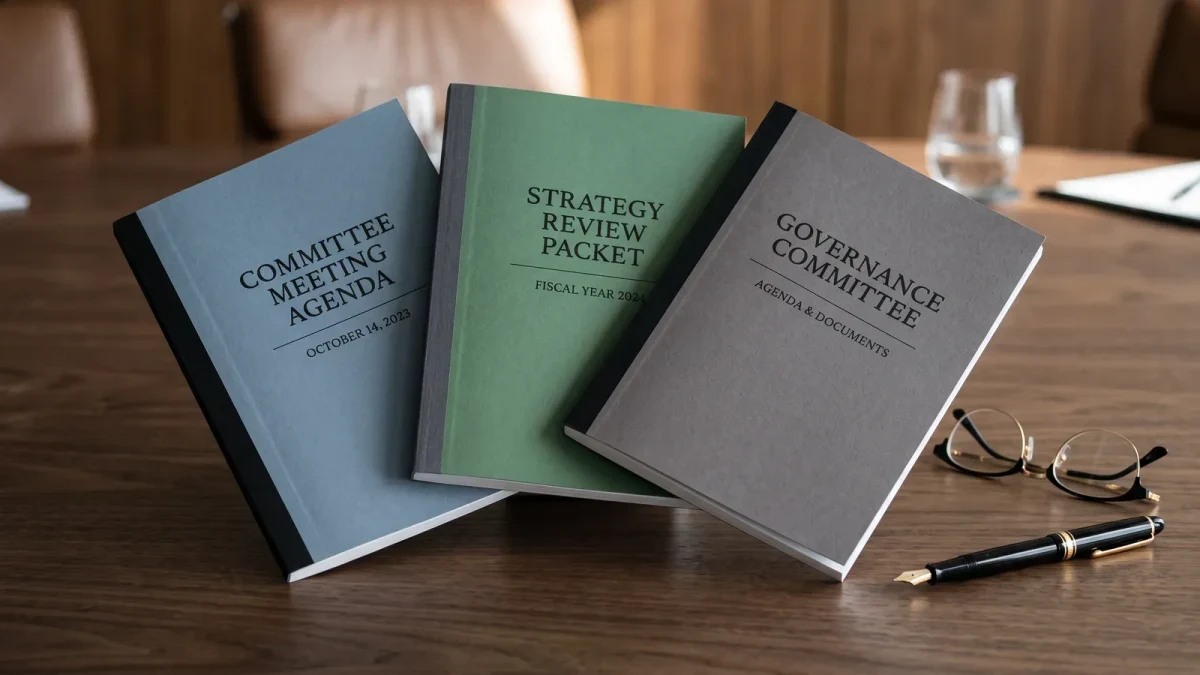 Close-up of committee meeting agendas aligned on a boardroom table
