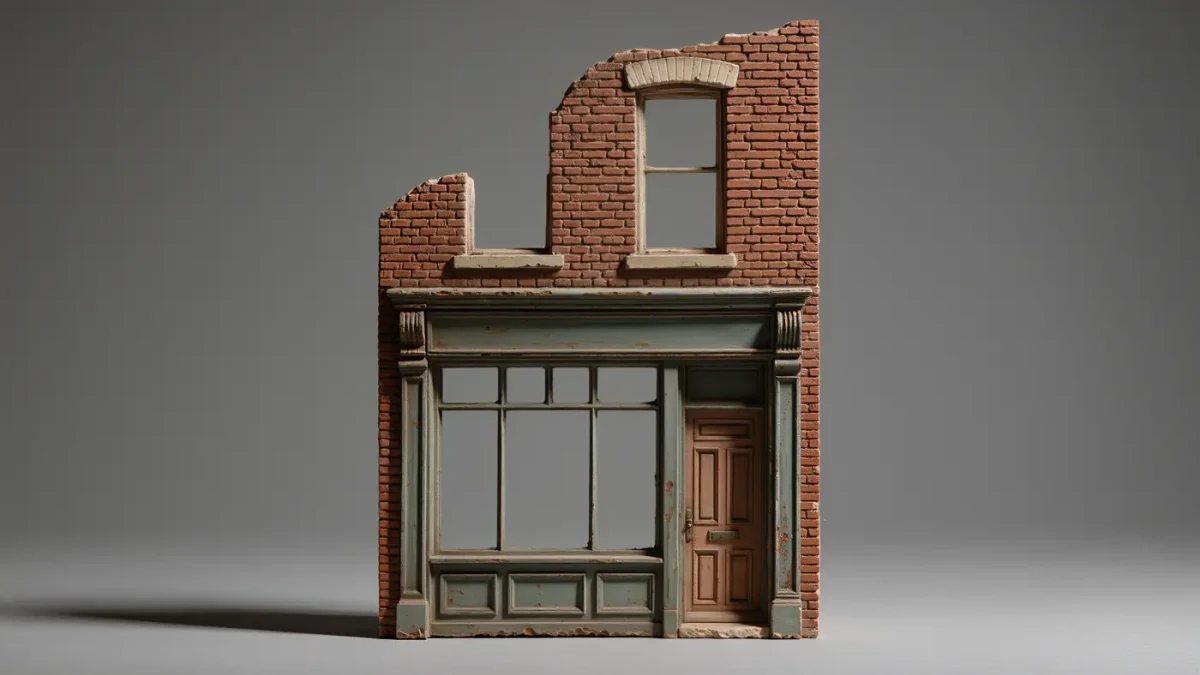 Brick detail of an unremarkable American storefront under warm afternoon light