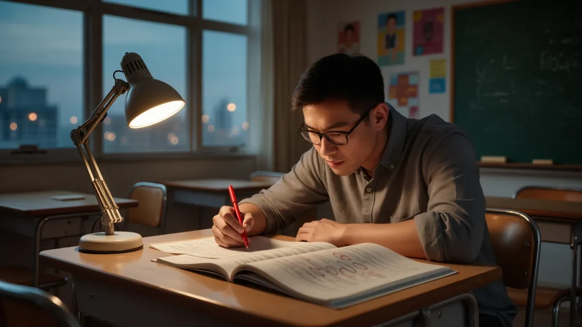 A teacher analyzing student work samples late in a classroom evening