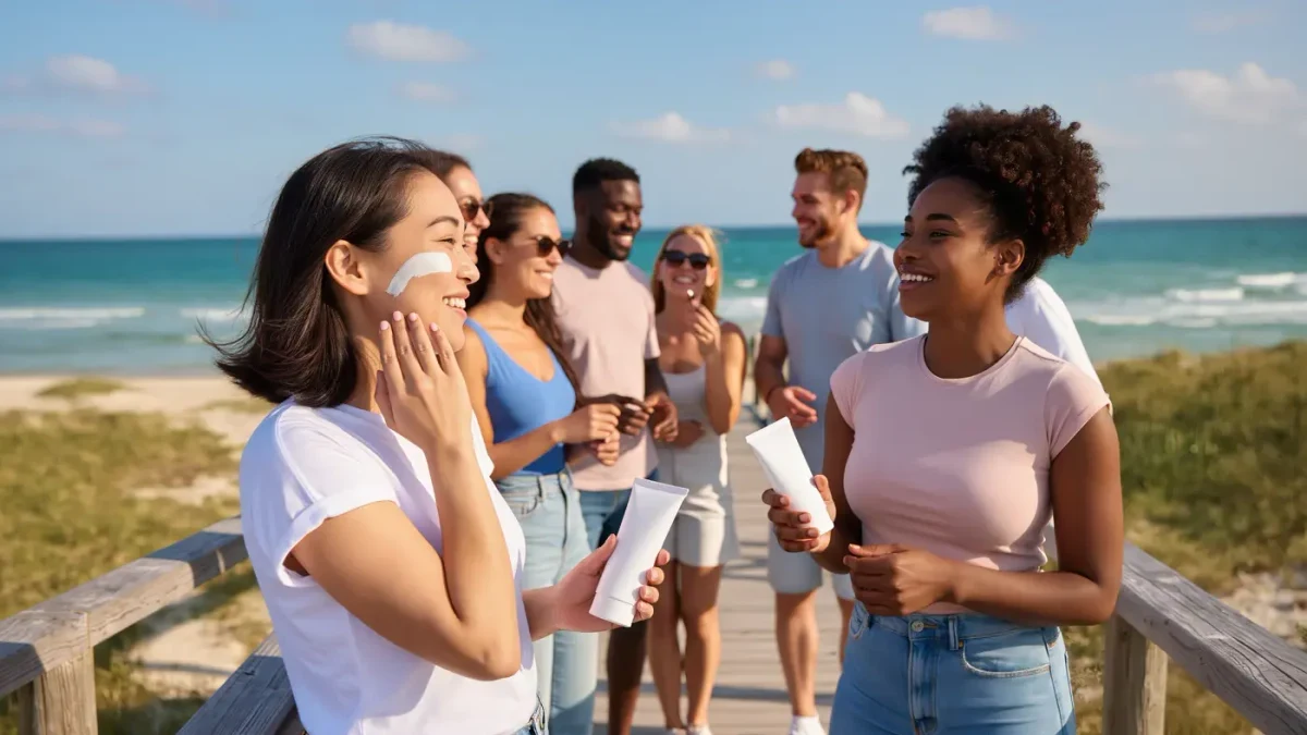 friends rubbing white zinc sunscreen onto cheeks on a sunny boardwalk
