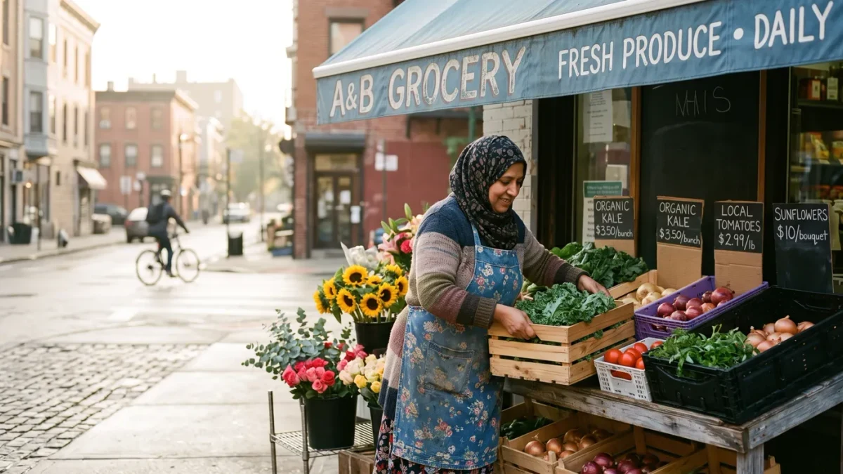 Owner arranging produce crates outside a corner grocery at opening