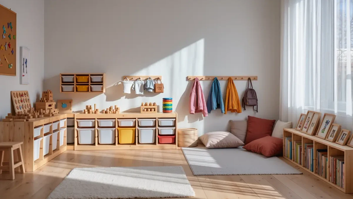 Bright home-based childcare room with low shelves and sunlit reading corner