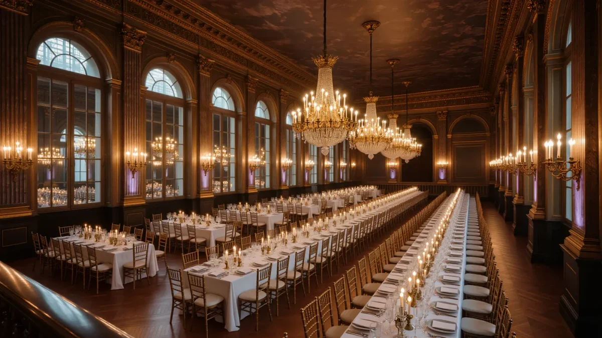 Empty gilded ballroom dressed for formal evening gala before guests arrive