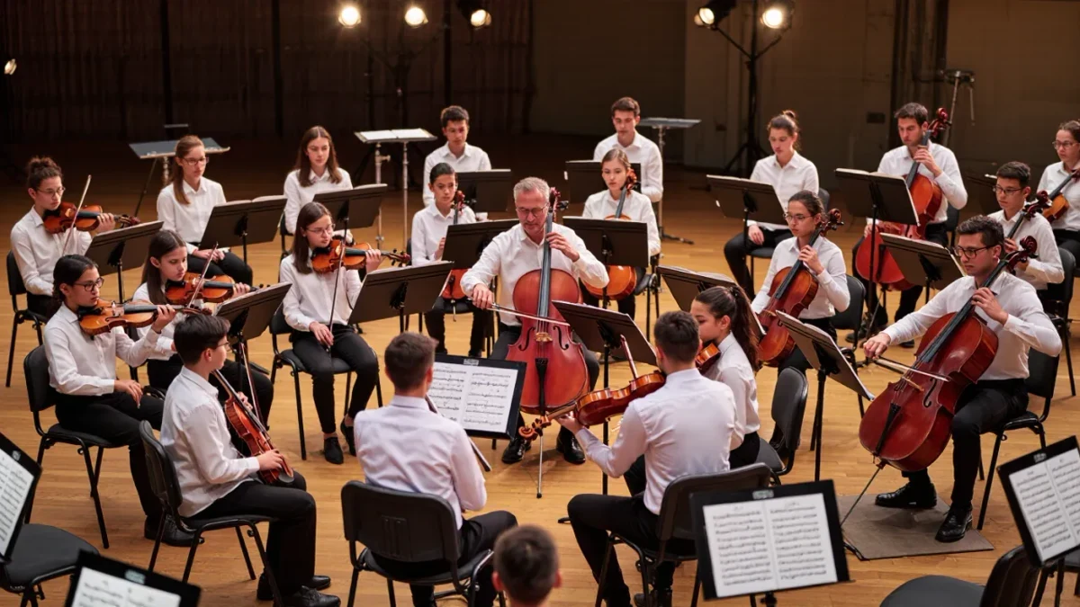 String players rehearsing with folders of new parts