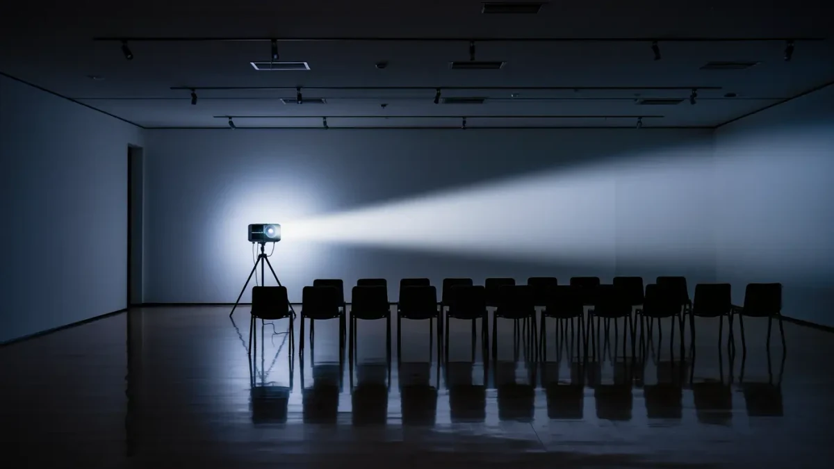 Dark museum gallery with a single projector beam of light