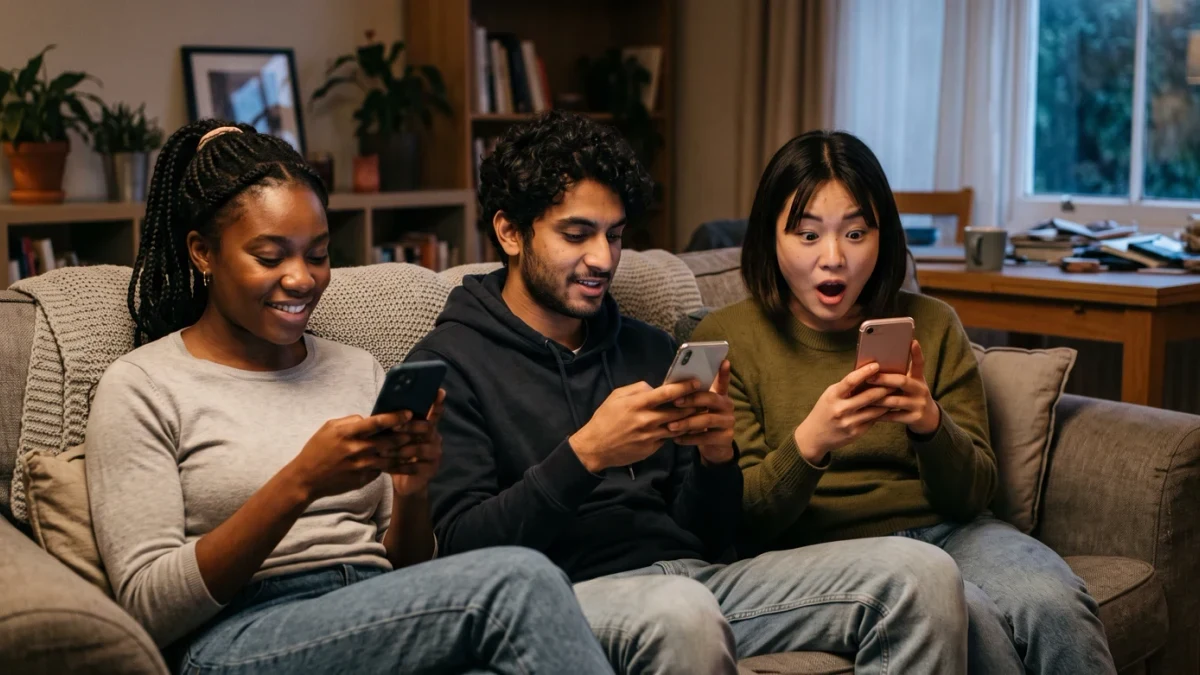 Group of young people each watching different vertical videos
