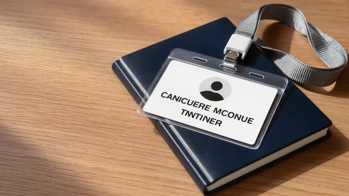 A printed new-hire orientation badge and lanyard on a desk