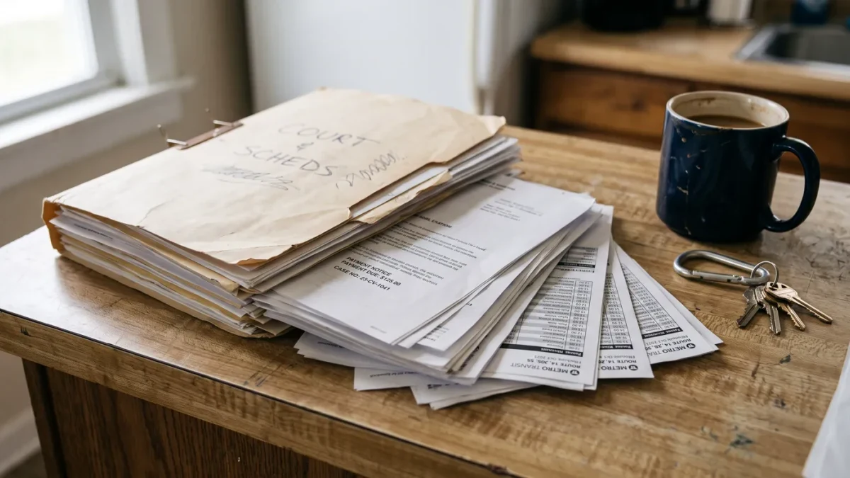 Folder of payment notices beside a bus schedule on a kitchen counter