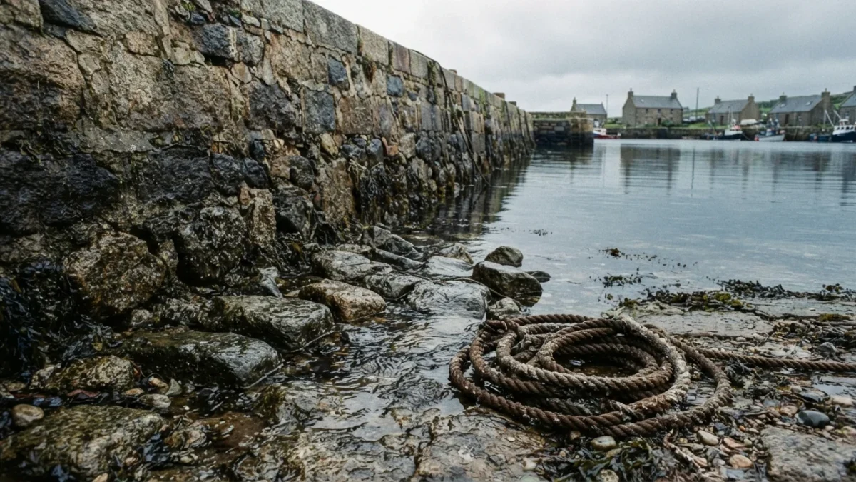 Weathered ballast stones lining an empty harbor wall beneath overcast skies at low tide