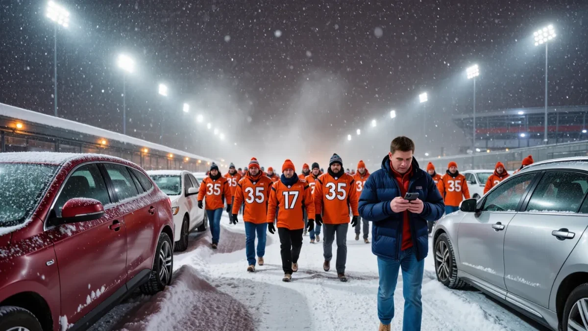 Broncos fans in winter coats celebrating a playoff win outside a snowy stadium at night 