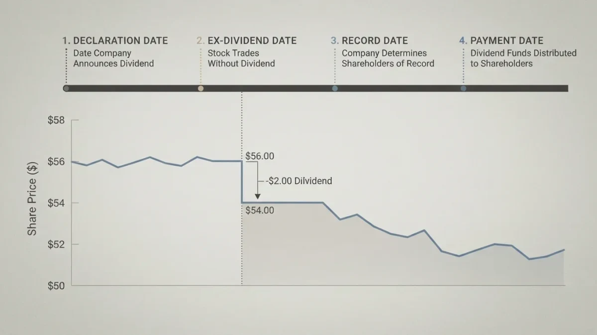 Infographic timeline of declaration, ex-dividend, record, and payment dates with price step