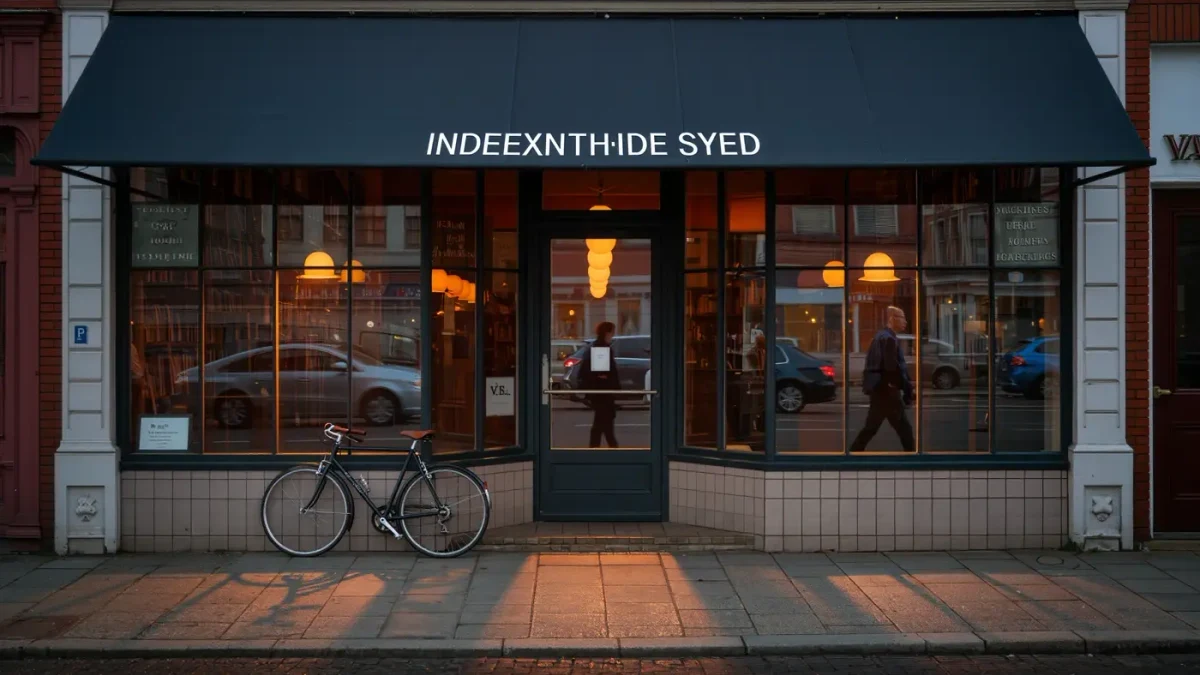 Independent bookstore storefront glowing warmly at dusk on a quiet street