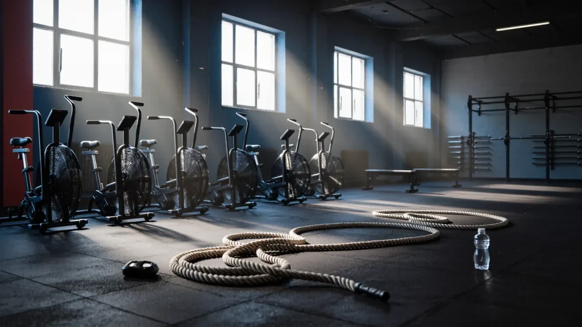 Empty functional training gym floor between interval circuits at dawn