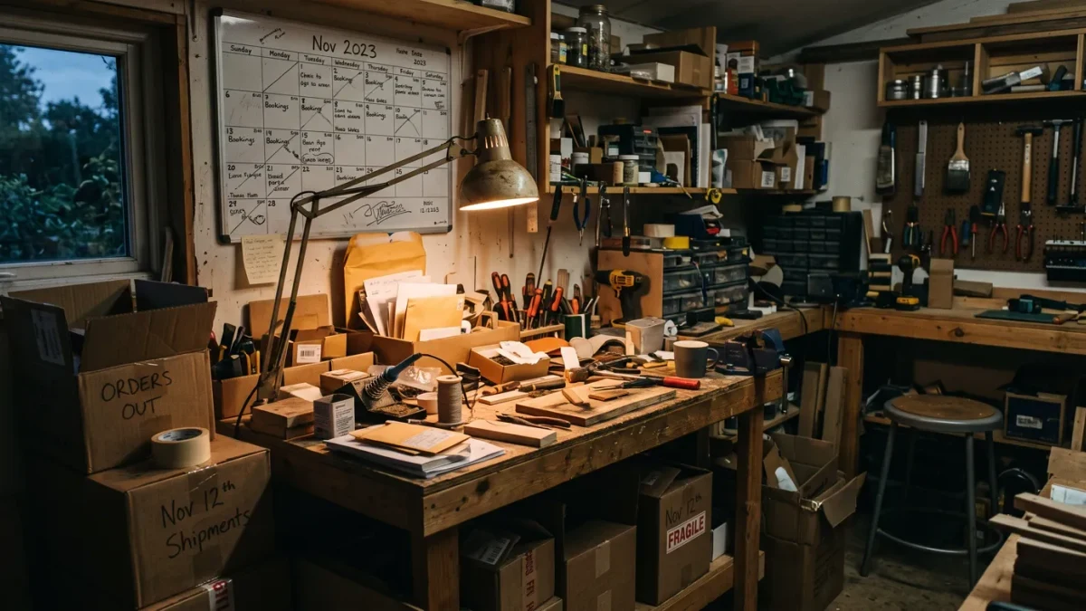Solo founder's cluttered workshop desk at end of a long day