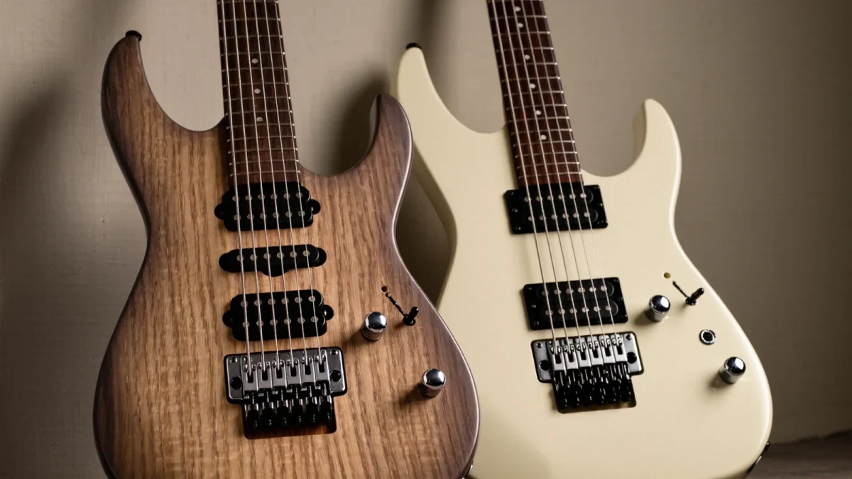 Two unbranded double-cutaway and single-cutaway electric guitars side by side