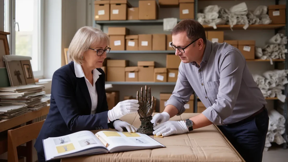 Appraiser and collector examining a bronze sculpture under gallery light