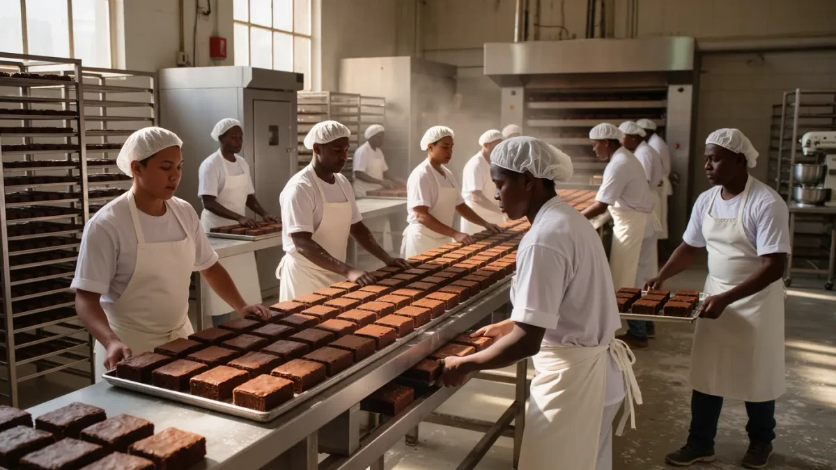 Bakers in aprons working along a stainless steel bakery production line