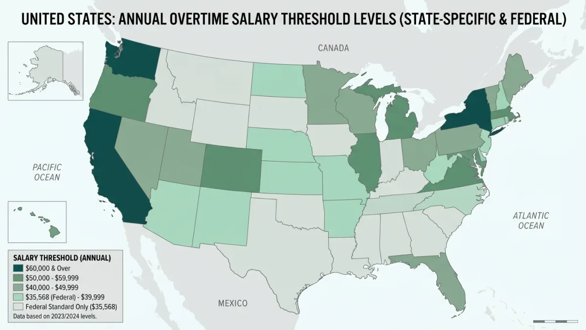 Infographic comparing state overtime salary thresholds across the US