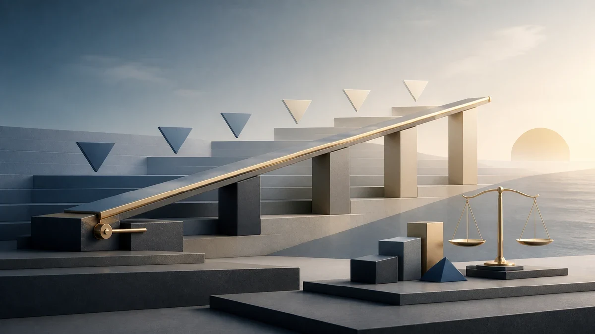 Abstract geometric lever, descending markers, portfolio blocks, and balance scale symbolizing bond-duration sensitivity.