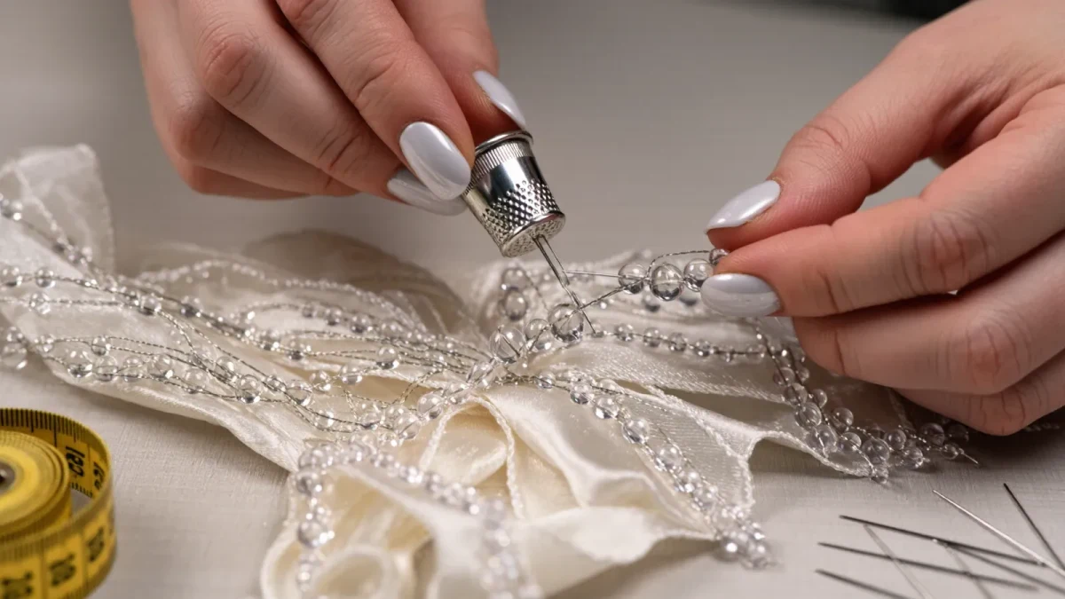 Studio close-up of hands sewing beads on couture fabric