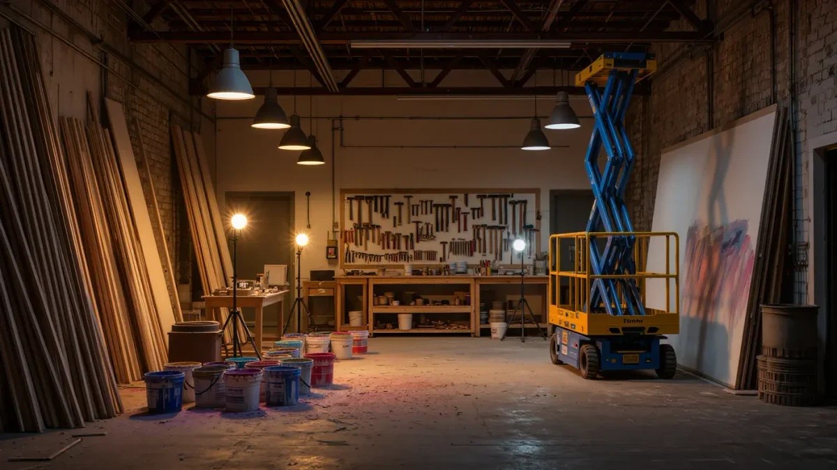 Large industrial studio at night with materials and half-finished supports