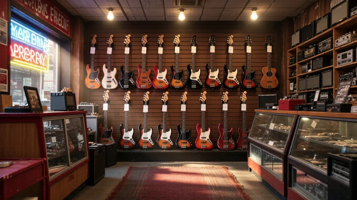 Pawn shop interior with used guitars hung along the wall under warm light