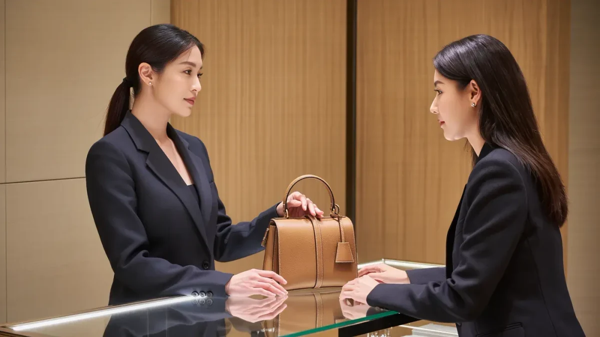 Sales associate presents a structured leather handbag to a customer in a boutique