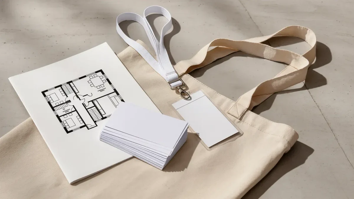 Art fair tickets, lanyard, and tote on a concrete surface