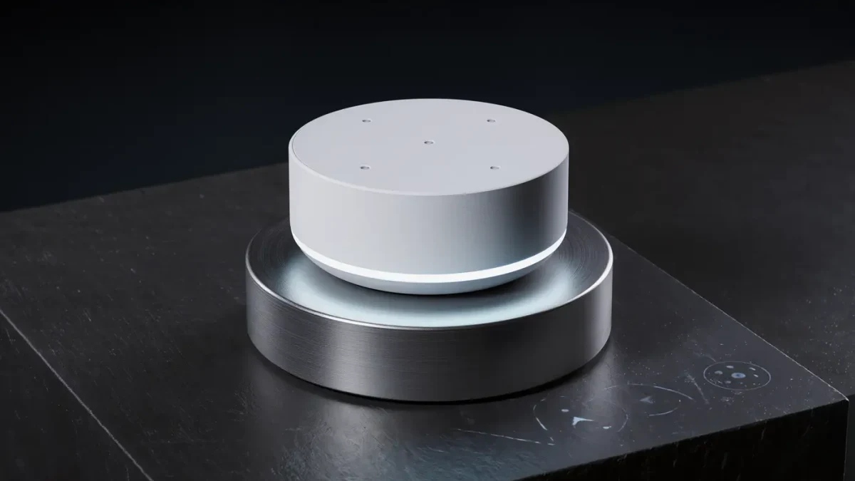 Studio product shot of a glowing AI assistant device on a desk pedestal